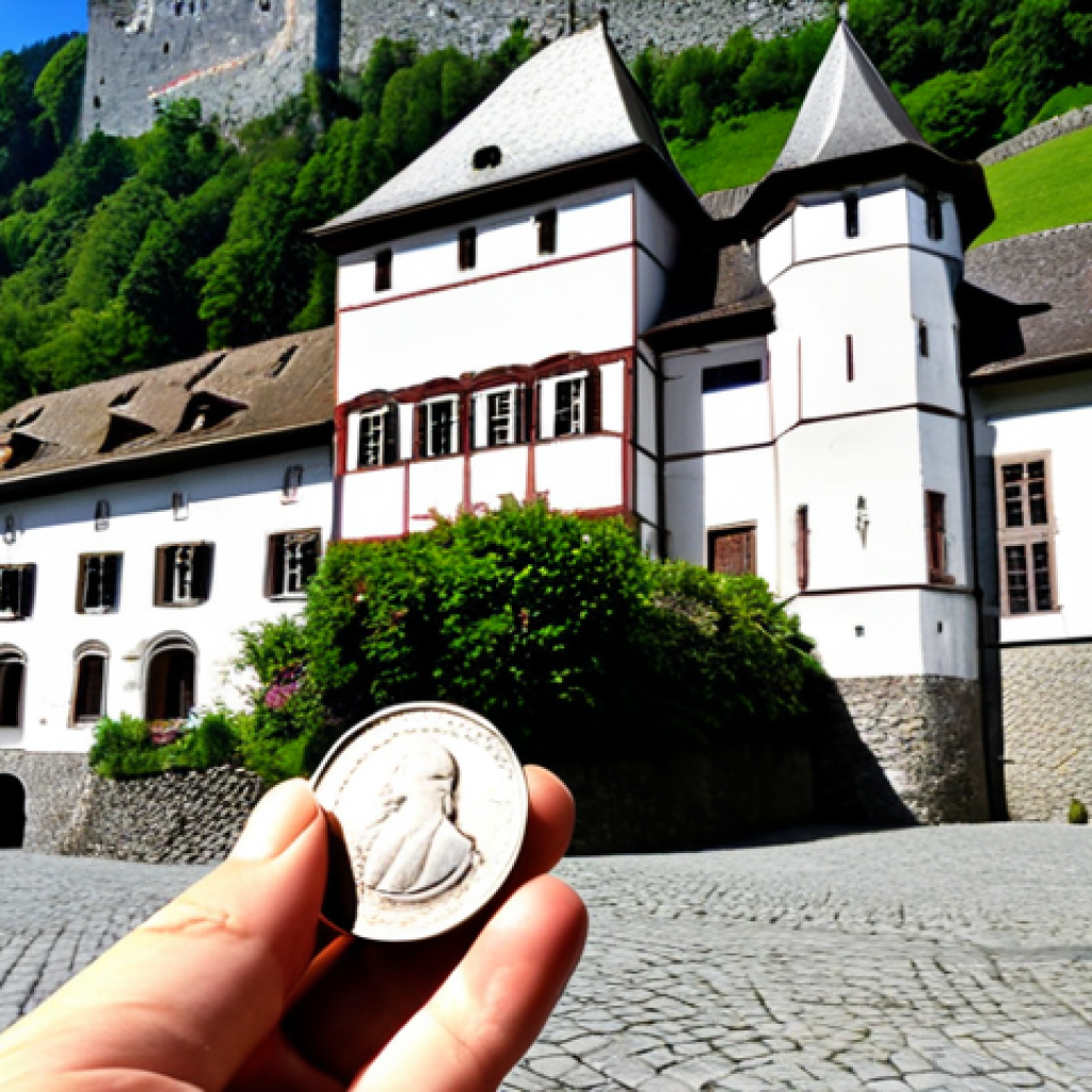 **Prompt:** A well-dressed tourist couple standing in front of Vaduz Castle in Liechtenstein, admiring its architecture. In the foreground, a Swiss Franc coin is subtly visible, perhaps held in the woman's hand. The scene captures the essence of sightseeing, currency considerations, and historical appreciation. Sunny weather.