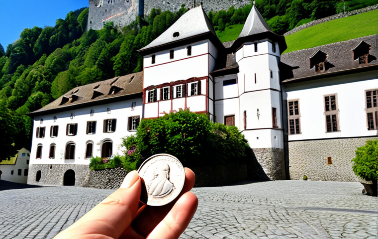 **Prompt:** A well-dressed tourist couple standing in front of Vaduz Castle in Liechtenstein, admiring its architecture. In the foreground, a Swiss Franc coin is subtly visible, perhaps held in the woman's hand. The scene captures the essence of sightseeing, currency considerations, and historical appreciation. Sunny weather.
