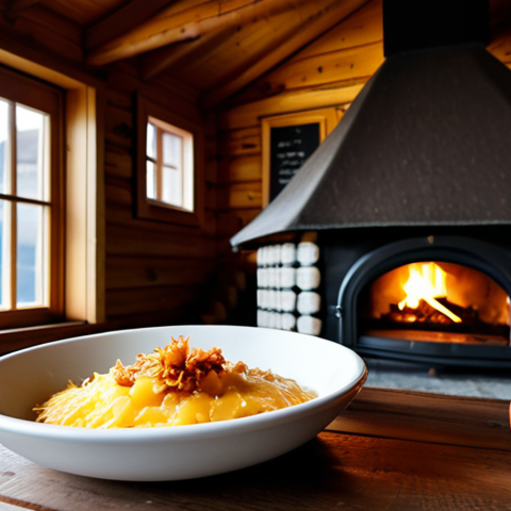 A steaming bowl of traditional Liechtenstein K&auml;skn&ouml;pfle, richly layered with melted alpine mountain cheese and topped with crispy golden-brown fried onions. A side of fresh apple sauce is perfectly placed next to the bowl. The setting is a cozy, rustic Bergh&uuml;tte (alpine hut) interior, featuring a warm, crackling fireplace in the background and a sturdy wooden table. The atmosphere is inviting and comforting, captured with professional photography and natural lighting. The image emphasizes perfect anatomy, correct proportions, well-formed elements, natural body proportions, safe for work, appropriate content, fully clothed (implied by the scene), family-friendly, high quality, and detailed focus.