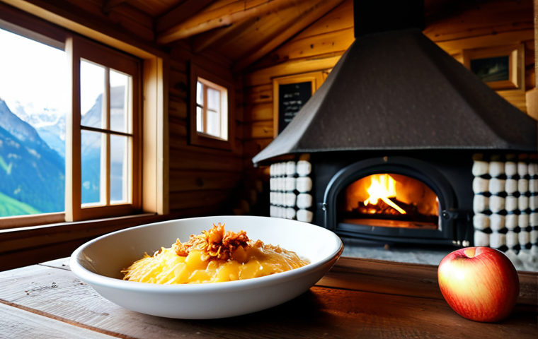 A steaming bowl of traditional Liechtenstein K&auml;skn&ouml;pfle, richly layered with melted alpine mountain cheese and topped with crispy golden-brown fried onions. A side of fresh apple sauce is perfectly placed next to the bowl. The setting is a cozy, rustic Bergh&uuml;tte (alpine hut) interior, featuring a warm, crackling fireplace in the background and a sturdy wooden table. The atmosphere is inviting and comforting, captured with professional photography and natural lighting. The image emphasizes perfect anatomy, correct proportions, well-formed elements, natural body proportions, safe for work, appropriate content, fully clothed (implied by the scene), family-friendly, high quality, and detailed focus.