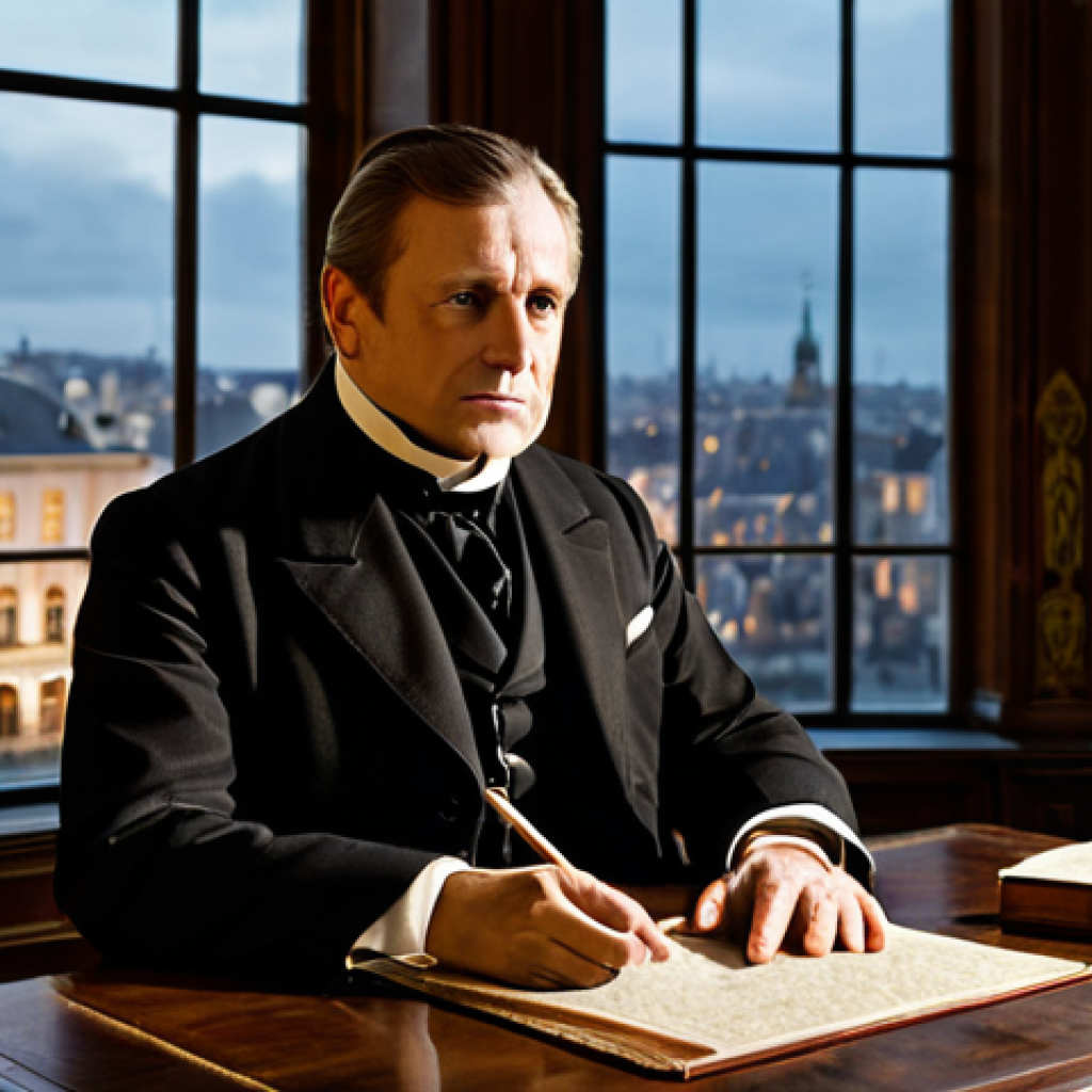 A distinguished male European diplomat from the early 19th century, fully clothed in a modest, professional dark suit with a high collar and cravat. He is seated thoughtfully at a large, polished wooden desk in a richly decorated, candlelit study. Old maps and a quill are neatly arranged on the desk. The background features ornate historical wallpaper and a subtle, blurred view through a window hinting at a historical European cityscape. Professional photography, realistic style, warm lighting, high detail, perfect anatomy, correct proportions, natural pose, well-formed hands, proper finger count, natural body proportions, safe for work, appropriate content, fully clothed, professional dress, modest, family-friendly.