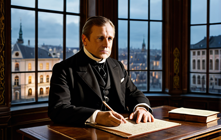 A distinguished male European diplomat from the early 19th century, fully clothed in a modest, professional dark suit with a high collar and cravat. He is seated thoughtfully at a large, polished wooden desk in a richly decorated, candlelit study. Old maps and a quill are neatly arranged on the desk. The background features ornate historical wallpaper and a subtle, blurred view through a window hinting at a historical European cityscape. Professional photography, realistic style, warm lighting, high detail, perfect anatomy, correct proportions, natural pose, well-formed hands, proper finger count, natural body proportions, safe for work, appropriate content, fully clothed, professional dress, modest, family-friendly.
