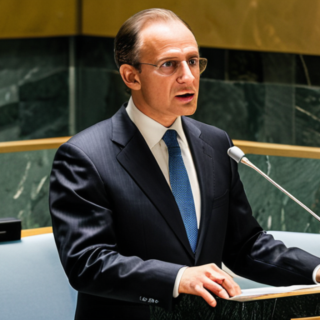 "A Liechtenstein diplomat in a professional suit, giving a speech at the United Nations headquarters in New York City, addressing human rights; fully clothed, appropriate attire, safe for work, perfect anatomy, natural proportions, professional photography, high quality, bright lighting."