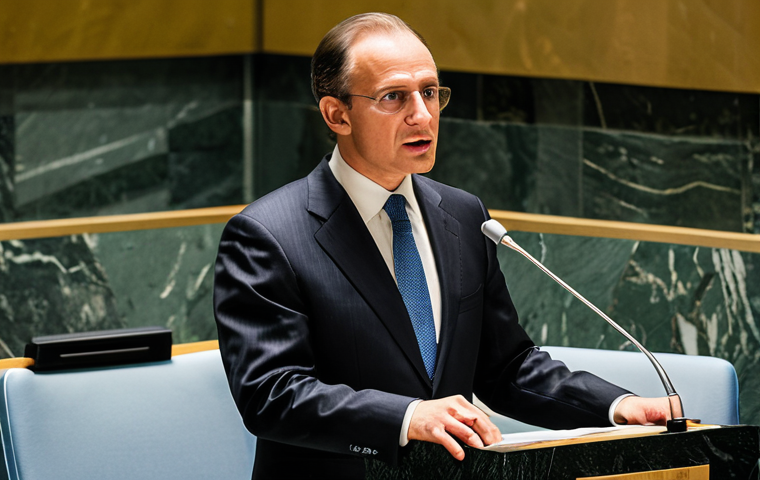 "A Liechtenstein diplomat in a professional suit, giving a speech at the United Nations headquarters in New York City, addressing human rights; fully clothed, appropriate attire, safe for work, perfect anatomy, natural proportions, professional photography, high quality, bright lighting."