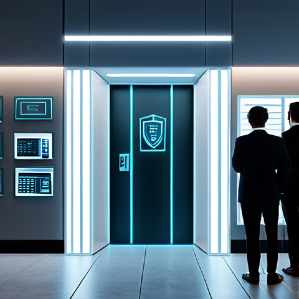 A modern office interior showcasing a secure vault with digital interfaces overlayed, representing evolving banking secrecy and data protection. Professional environment, fully clothed individuals in business attire, safe for work, appropriate content, professional, perfect anatomy, correct proportions, well-formed hands, natural pose.