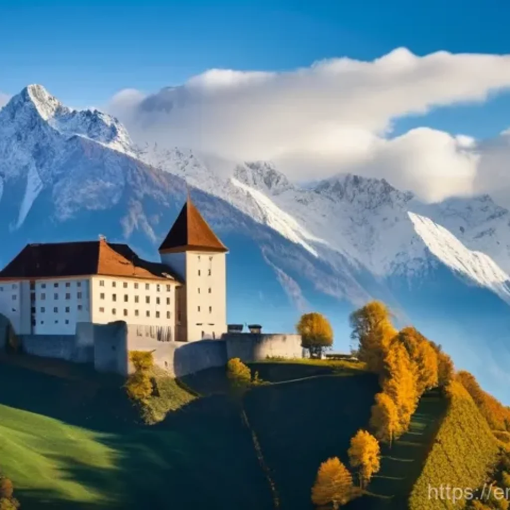 리히텐슈타인 수도 파두츠 여행 - **A majestic, wide-angle shot of Vaduz Castle, perched dramatically on a hilltop against the backdro...