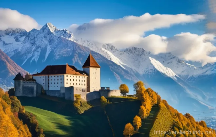 리히텐슈타인 수도 파두츠 여행 - **A majestic, wide-angle shot of Vaduz Castle, perched dramatically on a hilltop against the backdro...