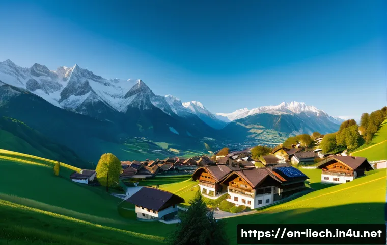 리히텐슈타인의 재생 가능 에너지 정책 - A stunning wide-angle view of a picturesque Liechtenstein Alpine village bathed in golden sunlight. ...