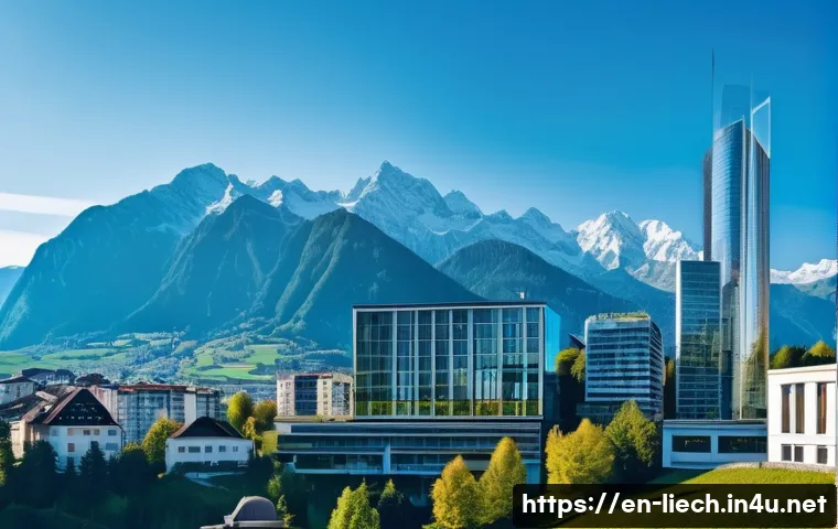 리히텐슈타인의 비즈니스 기회 - A modern financial district in Vaduz, Liechtenstein, featuring sleek glass skyscrapers with subtle S...