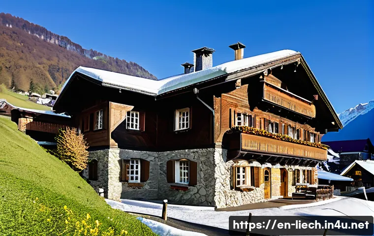 리히텐슈타인에서의 숙박 옵션 - A cozy alpine inn nestled in the snow-covered mountains of Liechtenstein, showcasing traditional woo...