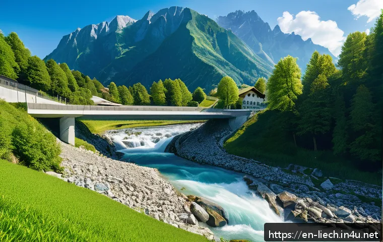리히텐슈타인의 신재생에너지 프로젝트 - A serene alpine landscape in Liechtenstein featuring small-scale hydroelectric plants seamlessly int...