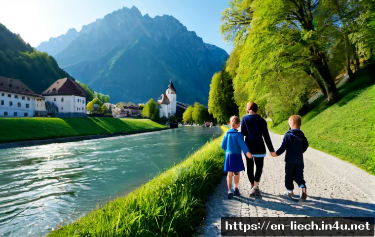리히텐슈타인의 가족 여행 추천 코스 - Photorealistic family travel scene in Vaduz, Liechtenstein, parents with two school-age children in ...