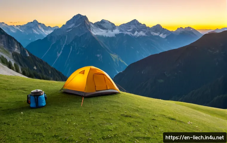 리히텐슈타인에서 캠핑하기 - Photorealistic campsite in the Liechtenstein Alps at golden sunrise, compact modern tent on a neat g...