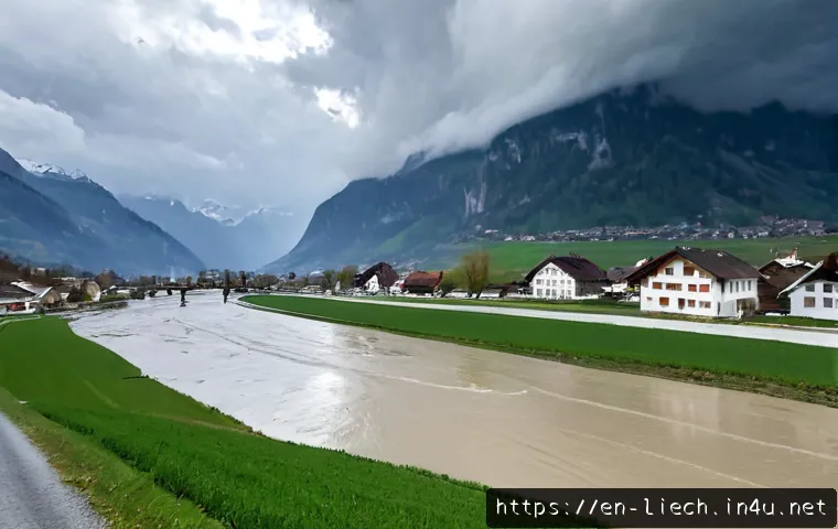 Home 17 리히텐슈타인의 자연재해 사례 - Photorealistic Rhine River flooding near Vaduz, Liechtenstein, swollen muddy water spreading across ...